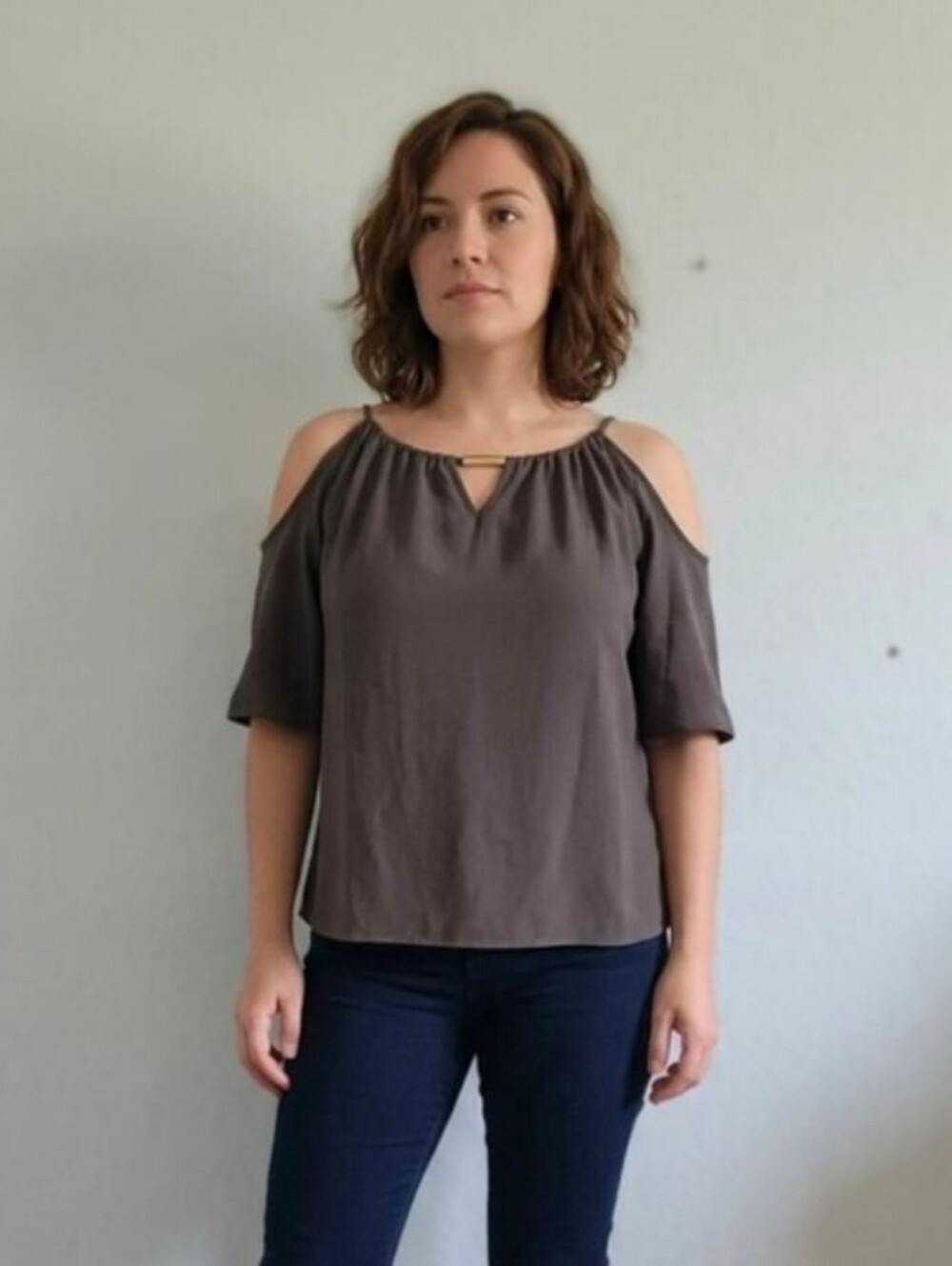 Women's Cold-Shoulder Blouse in Charcoal Gray -Elegant Top